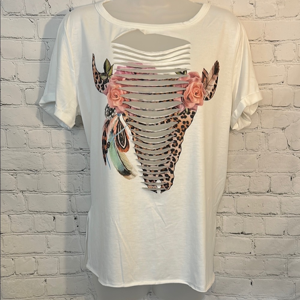 Phil Love White Southwestern Graphic Cut-Out Women's Top
